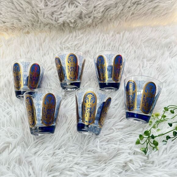 Mid Century Modern Cobalt Blue Gold Ornate Moroccan Bar/Drinkware 6pc 3” tall - Picture 3 of 9